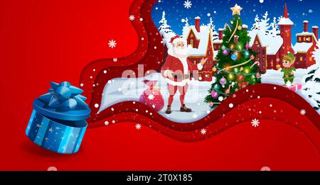 Carte de voeux découpée en papier de Noël. Coffret cadeau, ville enneigée d'hiver et Père Noël avec elfe. Vector xmas 3d Papercut art avec père joyeux noel au paysage de campagne avec arbre de vacances de pin et chutes de neige Illustration de Vecteur