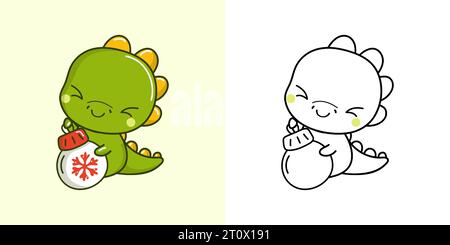 Kawaii nouvel an Dinosaur Clipart multicolore et Noir et blanc. Mignon Kawaii Noël Dino. Illustration de Vecteur