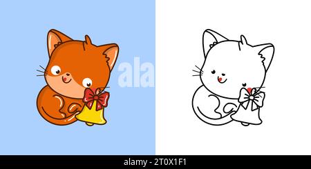 Kawaii nouvel an Rouge Cat Clipart multicolore et Noir et blanc. Mignon Kawaii Christmas Kitty. Illustration de Vecteur