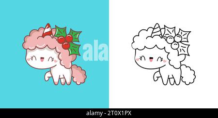 Clipart Christmas Unicorn multicolore et Noir et blanc. Mignon clip Art nouvel an Fantasy Horse. Illustration de Vecteur