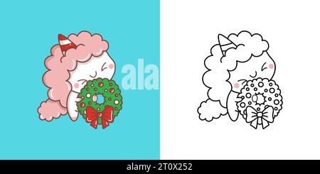 Clipart Christmas Unicorn multicolore et Noir et blanc. Mignon clip Art nouvel an Fantasy Horse. Illustration de Vecteur