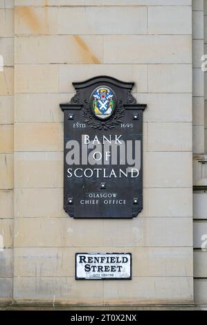 Un vieux panneau de la Bank of Scotland, Renfield Street, Glasgow, Écosse, Royaume-Uni, Europe Banque D'Images