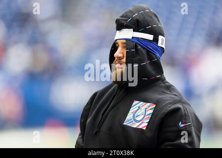 Indianapolis, Indiana, États-Unis. 08 octobre 2023. Le linebacker Grant Stuard (41) des Colts d'Indianapolis lors de l'avant-match de la NFL contre les Titans du Tennessee à Indianapolis, Indiana. Indianapolis bat le Tennessee 23-16. John Mersits/CSM/Alamy Live News Banque D'Images