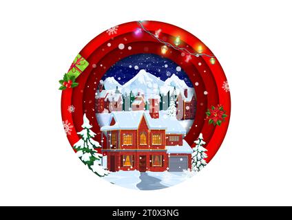 Paysage de papier de Noël coupé avec la construction de maison d'hiver et des cadeaux, vecteur Joyeuses vacances. Village ou ville de Noël avec des maisons enneigées dans un cadre circulaire de couches 3d, lumières de Noël, cadeaux et flocons de neige Illustration de Vecteur