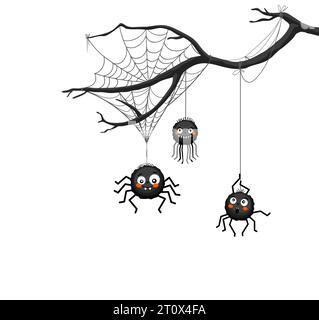 Bordure d'araignée d'Halloween avec branche d'arbre et toile d'araignée. Vector Trick ou traiter les monstres de nuit de vacances personnages d'insectes araignées noires mignons avec des visages souriants drôles accrochés sur des fils de toile d'araignée Illustration de Vecteur