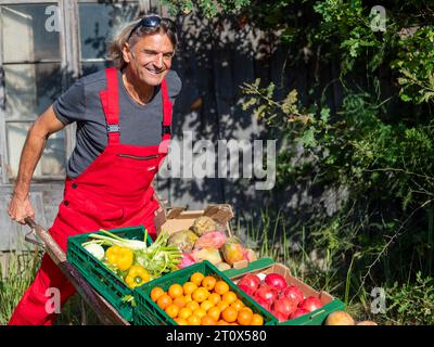 Homme avec un pantalon de travail rouge poussant brouette pleine de fruits différents devant le vieux hangar, alimentation saine, Allemagne Banque D'Images