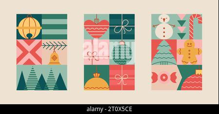 Joyeux Noël et bonne année carte de voeux, ensemble d'affiches. Design géométrique moderne de Noël à la mode avec gingle, bonhomme de neige, cadeau, boule, bonbons. Illustration de Vecteur