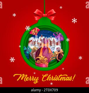 Carte de voeux découpée en papier de Noël avec boule de vacances, cadeaux et ville d'hiver. Vecteur double exposition arbre de Noël boule de jouet 3d avec ville enneigée, sac de cadeaux Santa, boîtes de cadeaux, rue festive et maisons Illustration de Vecteur