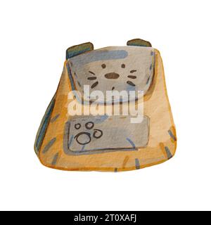 Un sac à dos dessiné à la main à l'aquarelle. Une illustration des exigences pour une randonnée. Sac à dos pour enfants avec un sceau. Mallette scolaire, sac de voyage. Banque D'Images