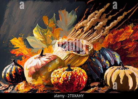 Une belle représentation de la saison d'automne. Illustration d'art numérique impressionniste de citrouilles colorées, de gourdes, de feuilles et d'un panier. Banque D'Images