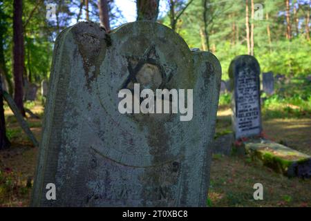 Karczew, Mazovien, Pologne. 8 octobre 2023. Le cimetière dans la forêt, l'un des rares qui peut être facilement atteint en vélo ou à pied, n'est pas clôturé - il y a des pierres jetées sur le bord du cimetière. Au total, il y a environ 120 pierres tombales (matzevot). L'état de certains d'entre eux est bon, étant donné qu'ils ont été détruits par la Wehrmacht et pillés par la République populaire de Pologne. Le cimetière existe depuis la fin du 19e siècle. Les habitants d'Otwock et des environs y ont été enterrés (image de crédit : © Hubert Mathis/ZUMA Press Wire) POUR USAGE ÉDITORIAL SEULEMENT Banque D'Images