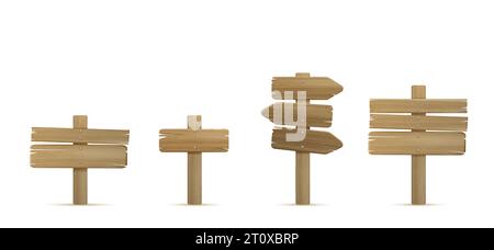 Panneaux en bois 3D ensemble isolé sur fond blanc. Illustration réaliste vectorielle de panneaux de signalisation vintage sur des poteaux avec des flèches indiquant la direction, des éléments de conception d'interface utilisateur de jeu, pointeur vide montrant le chemin Illustration de Vecteur