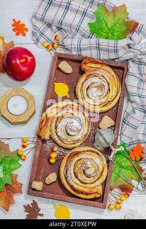 Tarte aux roses aux pommes avec sucre en poudre. Cuisson traditionnelle d'automne, décor d'automne, plat. Lumière dure, ombre sombre, fond en bois, vue de dessus Banque D'Images