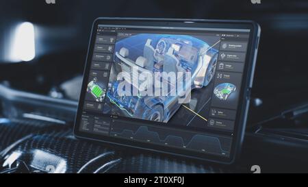 L'écran d'ordinateur de tablette numérique montre la visualisation graphique futuriste 3D du logiciel professionnel de développement de voiture avec le modèle de véhicule électrique virtuel 3D. Concept de technologie moderne de diagnostic de voiture. Banque D'Images