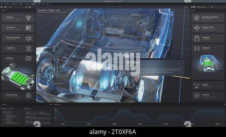L'écran d'ordinateur de tablette numérique montre la visualisation graphique futuriste 3D du logiciel professionnel de développement de voiture avec le modèle de véhicule électrique virtuel 3D. Concept de technologie moderne de diagnostic de voiture. Banque D'Images