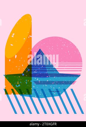 Navire en papier risographique avec des formes géométriques. Bateau origami avec des éléments géométriques dans la conception graphique riso tendance. Illustration de Vecteur