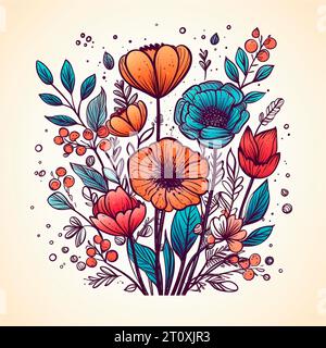 Dessins en couleur de fleurs et de plantes, dessins à la main - image Banque D'Images