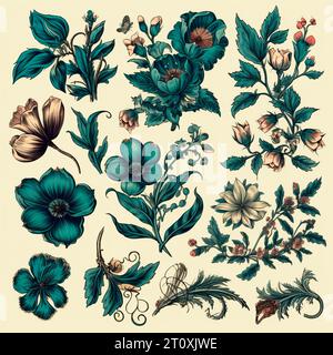 Dessins en couleur de fleurs et de plantes, dessins à la main - image Banque D'Images