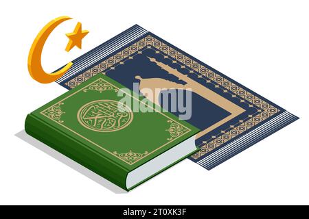 Livre islamique isométrique Coran croissant de lune et d'étoile. Symbole islamique. Les icônes islamiques peuvent être utilisées pour le mois de Ramadan, Aïd et Aïd Al-Adha. Kuran ou Illustration de Vecteur