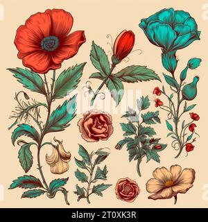 Dessins en couleur de fleurs et de plantes, dessins à la main - image Banque D'Images