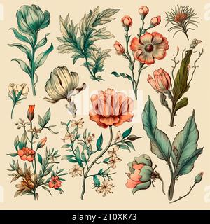 Dessins en couleur de fleurs et de plantes, dessins à la main - image Banque D'Images