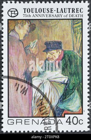 Timbre-poste annulé imprimé par Grenade, qui montre le tableau "le Laundryman" d'Henri Toulouse Lautrec , vers 1976. Banque D'Images