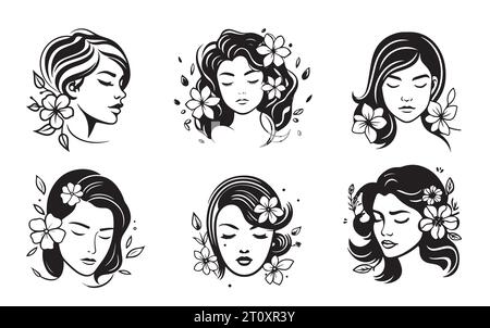 Femme visage Set icônes de beauté Set silhouette dessiné à la main vecteur Illustration de Vecteur