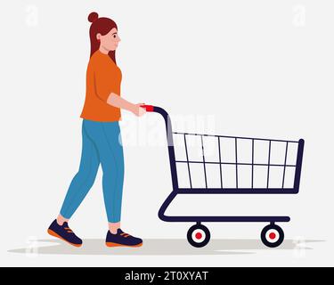 Femme avec chariot vide. Shopping Template. Illustration vectorielle de style plat Illustration de Vecteur