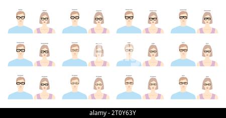 Ensemble de lunettes à monture rectangulaire sur l'illustration d'accessoire de mode de personnage plat pour femmes et hommes. Sunglass vue de face unisexe style silhouette, lunettes de vue avec contour de style esquisse de lentille isolé Illustration de Vecteur