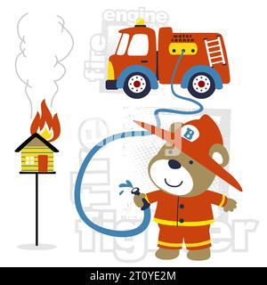 dessin animé vectoriel d'ours drôle en uniforme de pompier avec camion de pompiers Illustration de Vecteur