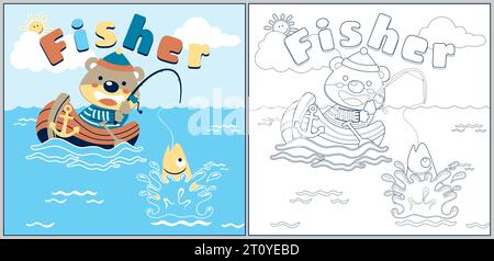 Ours mignon pêche sur bateau, illustration de dessin animé vectoriel, coloriage ou livre Illustration de Vecteur