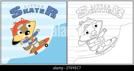 Loup mignon en skateboard, illustration de dessin animé vectoriel, coloriage ou livre Illustration de Vecteur