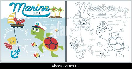 Illustration vectorielle de dessin animé, tortue mignonne avec des animaux marins, crabe sur un voilier, coloriage ou livre Illustration de Vecteur