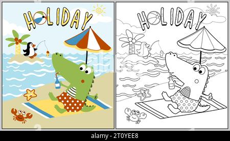 Dessin animé vectoriel de crocodile mignon avec des vacances de pingouin à la plage, coloriage ou livre Illustration de Vecteur