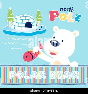 dessin animé vectoriel d'ours polaire mignon tenant des poissons avec igloo et arbres Illustration de Vecteur