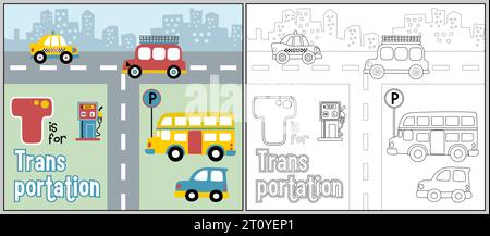 Dessin animé de la circulation de la ville avec des véhicules colorés, livre de coloriage ou page Illustration de Vecteur