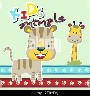 dessin animé vectoriel de tigre mignon avec girafe Illustration de Vecteur