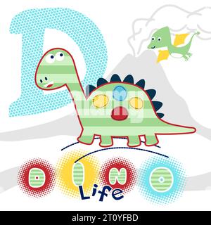 dessin animé vectoriel de dinosaures drôles sur fond d'éruption volcanique Illustration de Vecteur