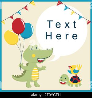 Modèle de carte d'invitation avec dessin animé de crocodile drôle tenant ballon coloré, oiseau debout sur le dos de la tortue Illustration de Vecteur