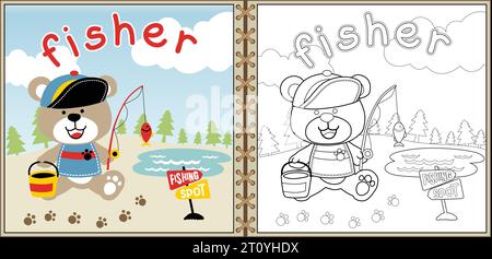 Vecteur de dessin animé de pêche d'ours mignon, coloriage ou livre; Illustration de Vecteur
