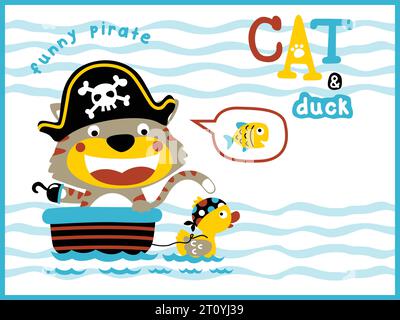 Dessin animé vectoriel de chat et canard en costume de pirate dans la mer Illustration de Vecteur