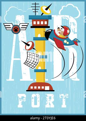 Vecteur de dessin animé de tour de contrôle d'aéroport avec pilote d'ours drôle sur l'avion. Éducation graphique pour les enfants Illustration de Vecteur