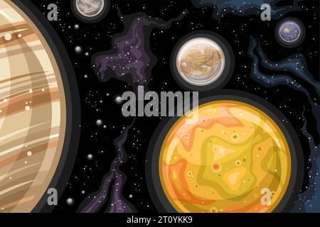 Vector Fantasy Space Chart, affiche horizontale astronomique avec dessin animé rotation Io lune et d'autres satellites de Jupiter dans l'espace profond, décorat Illustration de Vecteur