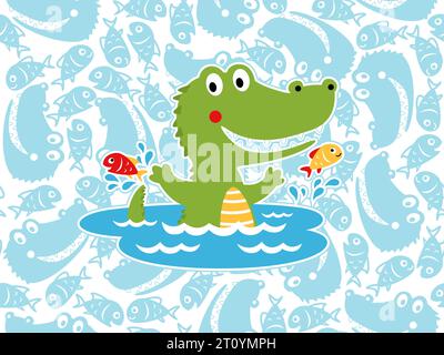 Vecteur de dessin animé de crocodile drôle avec deux poissons dans le marais sur fond de motif sans couture de poissons et visage de crocodile Illustration de Vecteur