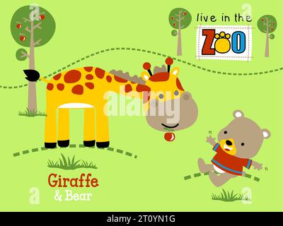 Illustration vectorielle de dessin animé belle girafe et petit ours dans le zoo Illustration de Vecteur