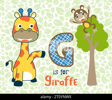 illustration vectorielle de dessin animé belle girafe et singe sur un motif sans couture de feuilles, éducation pour les enfants Illustration de Vecteur