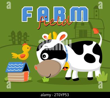 Dessin animé d'élément de ferme avec vache drôle manger de l'herbe, petit poulet sur la cage. Illustration de dessin animé vectoriel Illustration de Vecteur