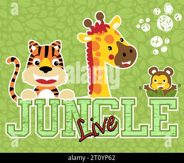 Drôle de bande dessinée d'animaux de jungle, tigre, girafe, singe sur le motif sans couture de fond de feuilles. Illustration de dessin animé vectoriel Illustration de Vecteur