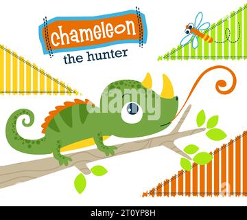 Dessin animé caméléon chassant une libellule Illustration de Vecteur