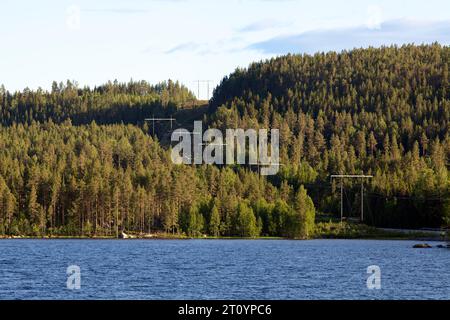 Lignes électriques dans le paysage. Forêt tout autour, lac de ce côté. Banque D'Images